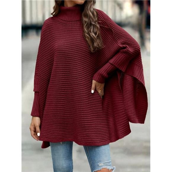 NEW - Turtleneck Batwing Sleeve Poncho,Long Sleeve Tops Knit Pullover Fall - Picture 4 of 8